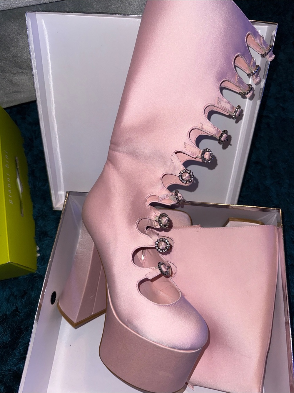 Pink Satin Platform Button Lace-Up Booties